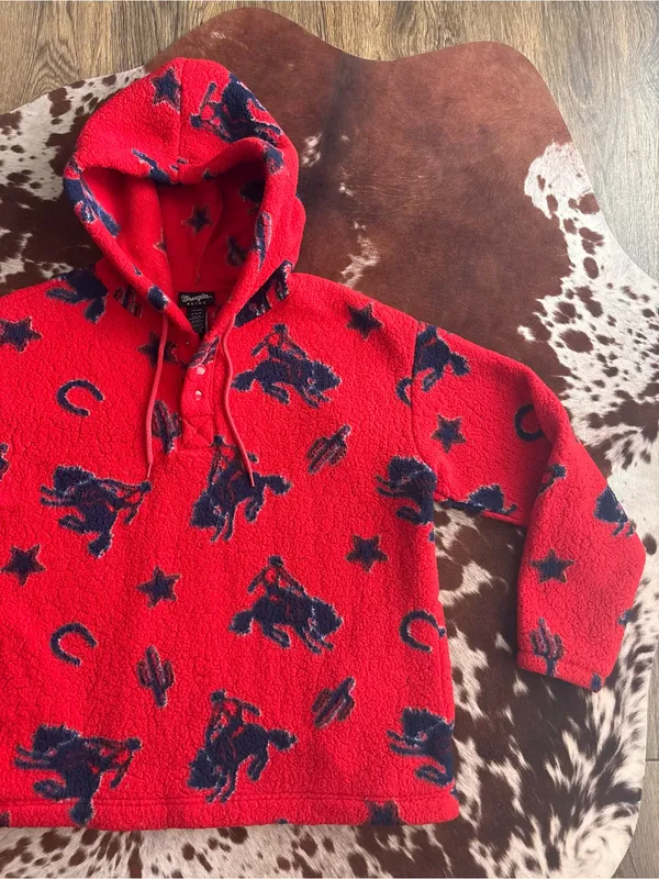 Wrangler Red Hooded Fleece Pullover with Navy Western print - Image 3