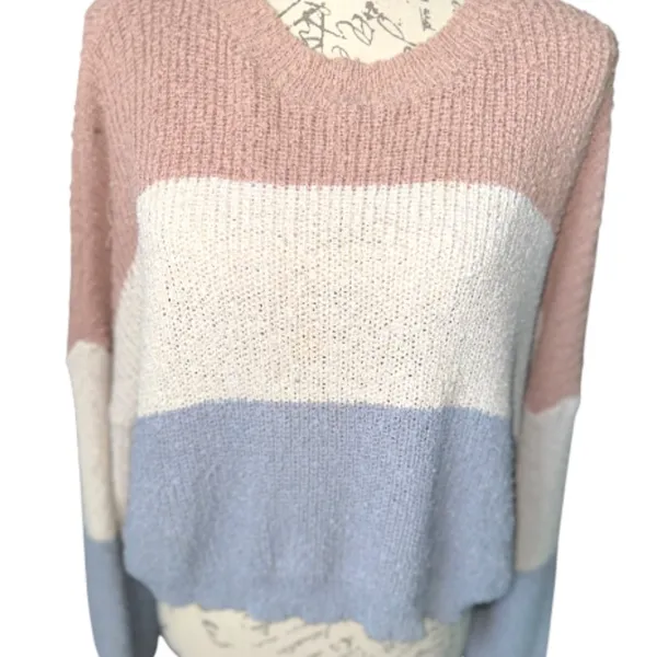 Debut Neutral, Ivory White, and Blue Colorblock Crew Neck Knit Sweater - Image 3