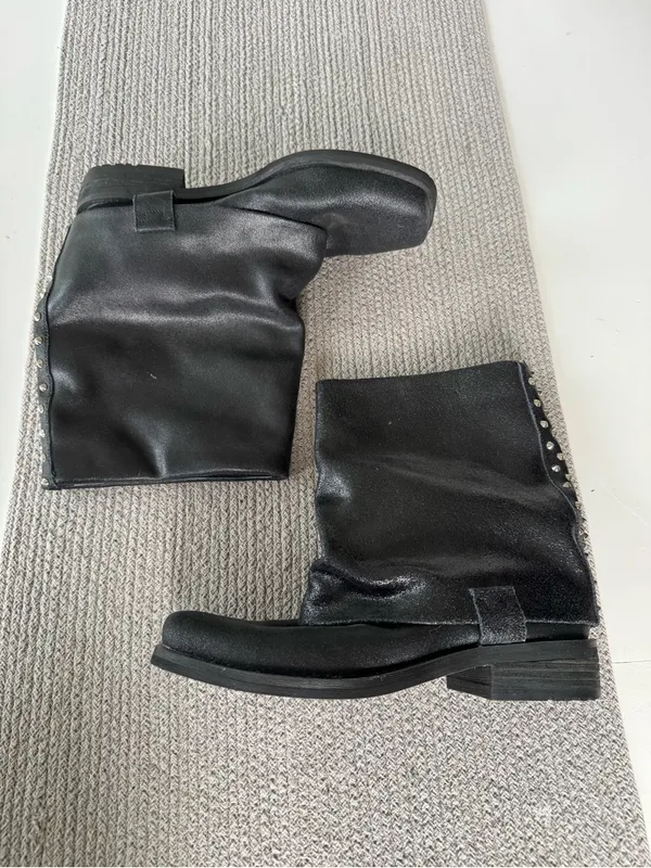 ENVY Fun Police Black Leather Foldover Mid Calf Moto Biker Boots Silver Studs - Image 5