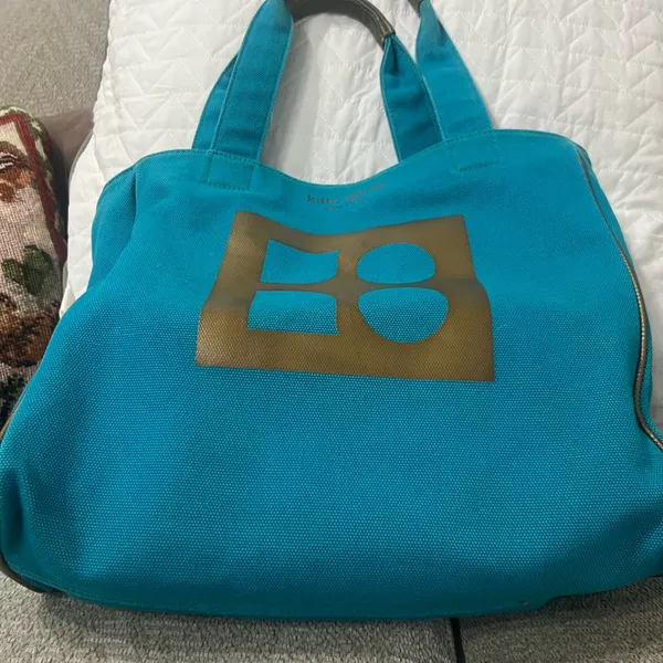 Vintage Rare Kate Spade Aqua turquoise Yo OKO Gold Canvas Bag - Image 10