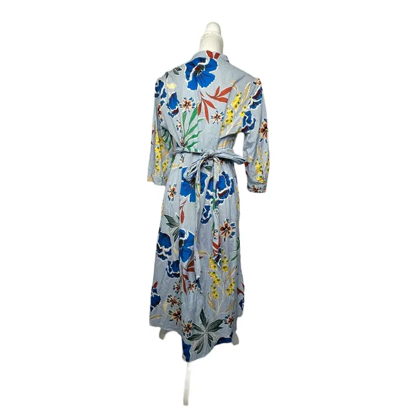 Zara Tie Waist Floral Pinstriped Shirt‎ Dress Women's Cotton Medium - Image 3