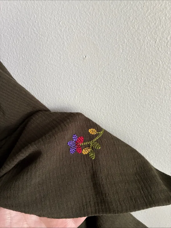 Vintage 90s Sag Harbor Olive Green Embroidered Floral Blouse L XL - Image 4