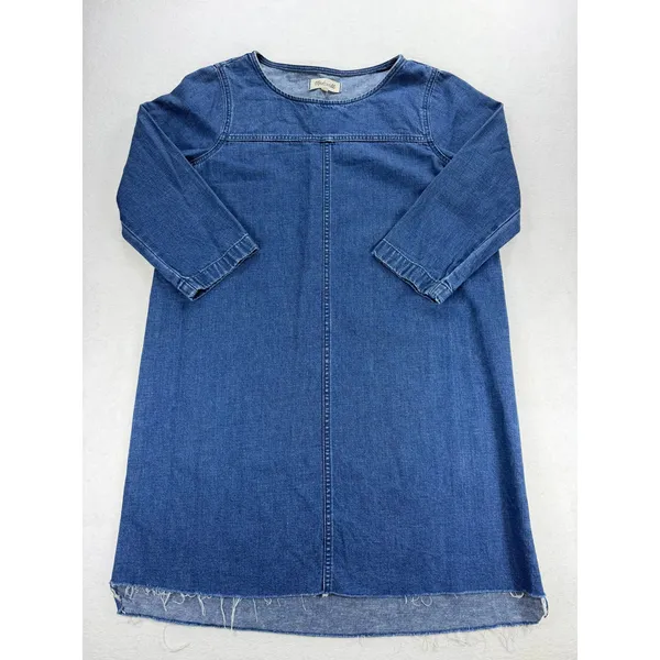 Madewell Denim Shift Dress Medium Wash Frayed Hem Long Sleeve Blue G7926 - Image 4