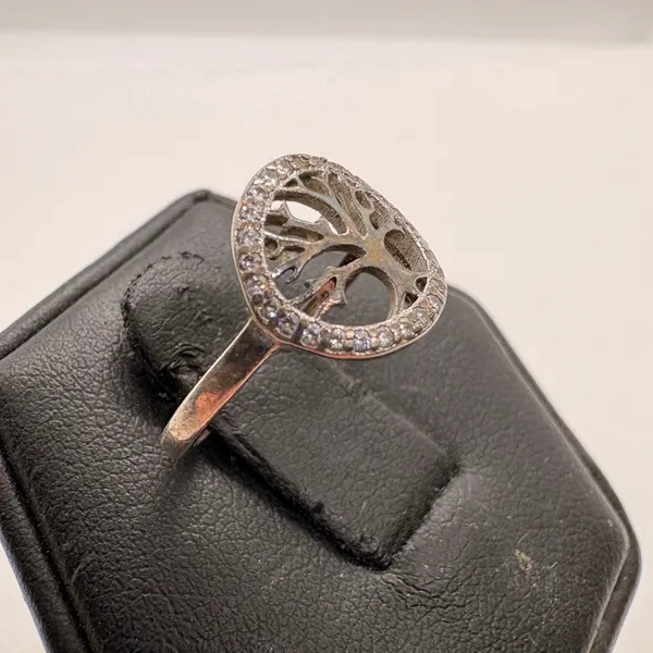 Sterling Silver 925 Tree of Life CZ Halo Ring Size 4 Spiritual Jewelry - Image 2