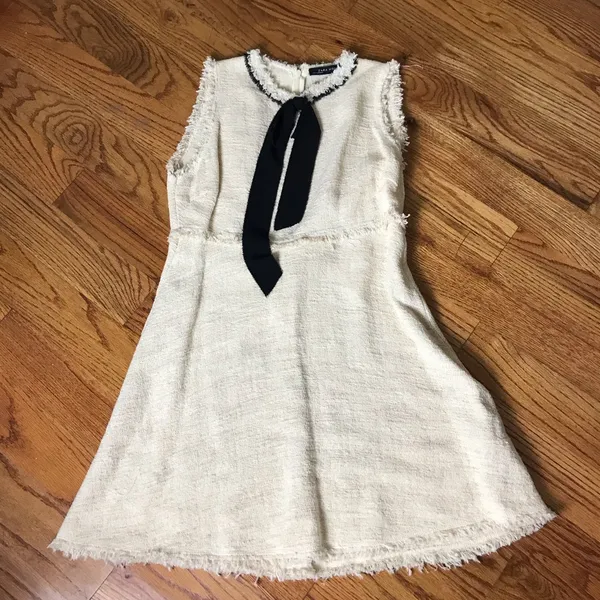 Zara Cream Tweed Sleeveless Dress with Black Bow - Image 5