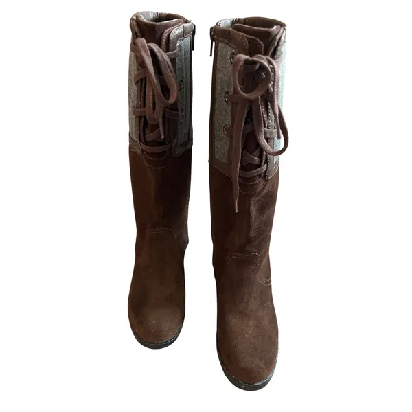 Clarks Merrian Anya Brown Suede Grey Wool Tall Lace Up Zip Boots Womens 7 M - Image 3