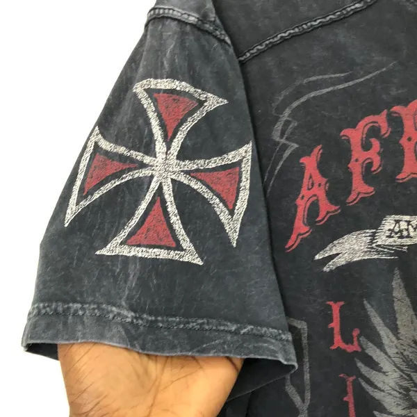 Affliction VERY RARE Grey Black Red Faded wash biker motorcycle skull crossbones wings goth grunge punk graphic tee tshirt top American Motor Club Fast Racer #jessepinkman - Image 3