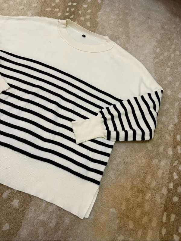 Black Ivory Striped Breton Knit Sweater Women’s M Oversized Crewneck - Image 3