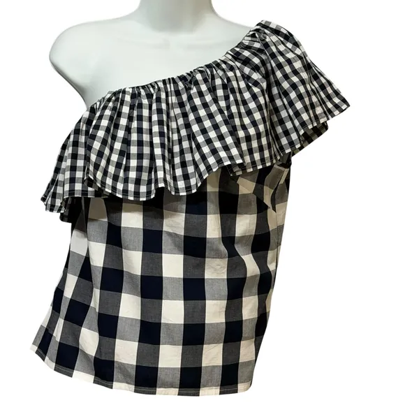 J.Crew Womens One Shoulder Ruffle Gingham Top Navy Blue White AZ102 Size 4 NWT - Image 2