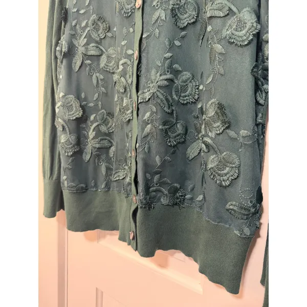 Ann Taylor Factory Teal Green Floral Embroidered Mesh Cardigan Sweater Large - Image 3