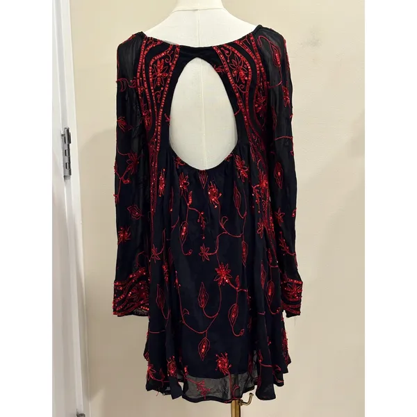 Free People My Beloved Georgette Mini Dress Black Red Sequin Embroidered Fairy 8 - Image 4