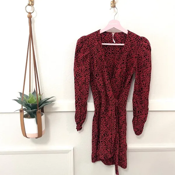 Free People Kinsley Wrap Dress Red Black Floral Combo Long Sleeve Size 0 - Image 2