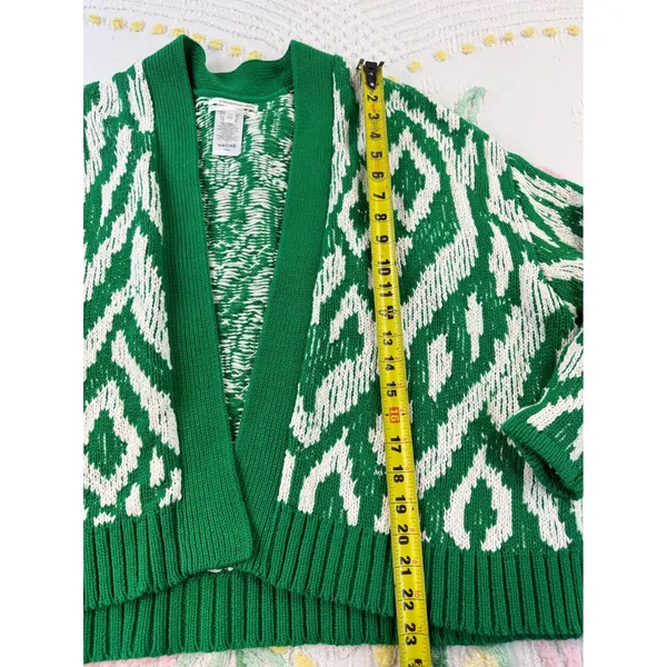 Anthropologie Maeve Green White Ikat Intarsia Knit Lattice Sleeve‎ Cardigan S - Image 5