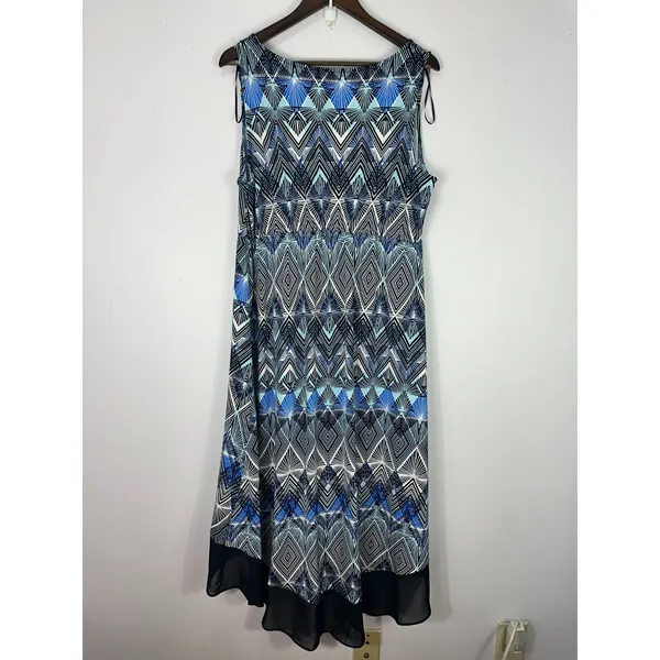 Notations Sleeveless Maxi Dress Womens Plus 1X Blue Geometric Hi Low Boho Resort - Image 3