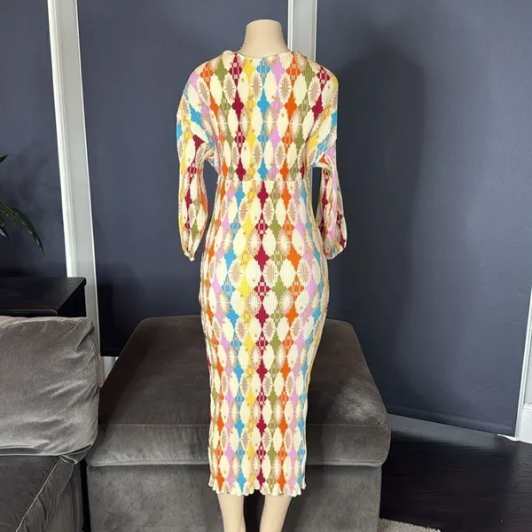 Women’s Colorful Ruched V-Neck Geometric Patterned Maxi Dress Size S NEW - Image 6