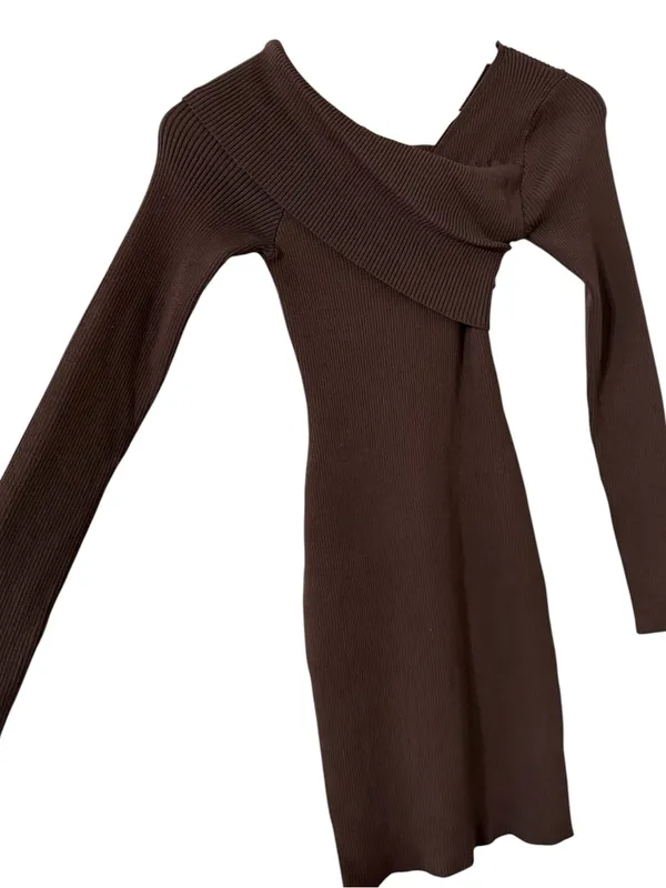 REVOLVE x SUPERDOWN Ysabel Off Shoulder Brown Ribbed Long Sleeve Mini Dress - Image 9