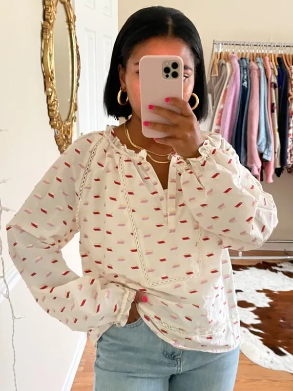 Point Sur J. Crew White Metallic Shirt Top Medium White Embroidered Pink Gold - Image 4