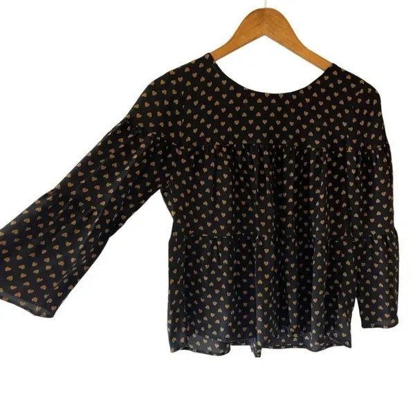 MADEWELL Silk Tiered Button-Back Top Heart Flip Black Gold 3/4 Sleeve Blouse siz - Image 5