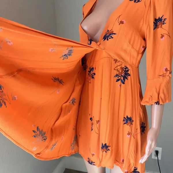 Free People Mini Dress Surplice Wrap Floral Boho Hippie Peasant Orange Bell Sz M - Image 8