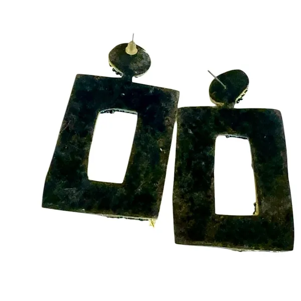 Iridescent Blue Rhinestone Dangle Earrings Large Rectangular Blue Drop Statement - Image 2
