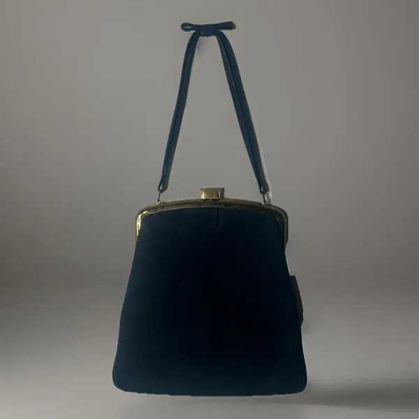 Vintage Mayer New York Handbag Purse Navy Suede Gold‎ Trim Bow Handle - Image 2