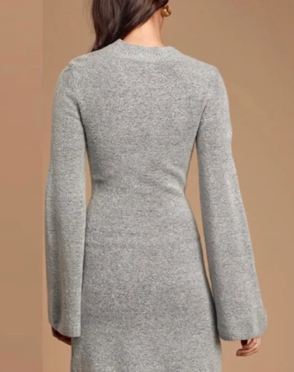 Lulus Heather Grey Knit Bell Sleeve Sweater Dress - Image 3