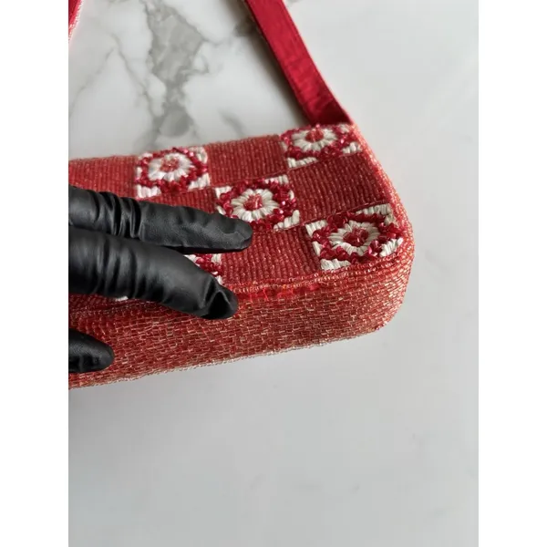 Anthropologie Fiona Beaded Shoulder Bag Red White Checkerboard Floral Flap Purse - Image 12