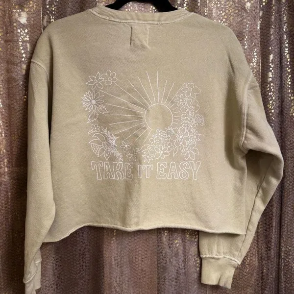 Billabong Take It Easy Floral Graphic Cropped Yellow Green Sweater Medium - Image 2