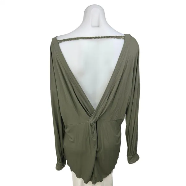 Free People Army Green Low Open Back Long Sleeve Shimmy Shake Blouse Top Size S - Image 2