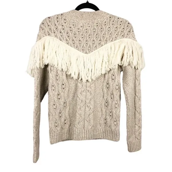 Amur Ulla Women's Size Large White Fringe Tan Cable Knit Wool Sweater v6x - Image 3