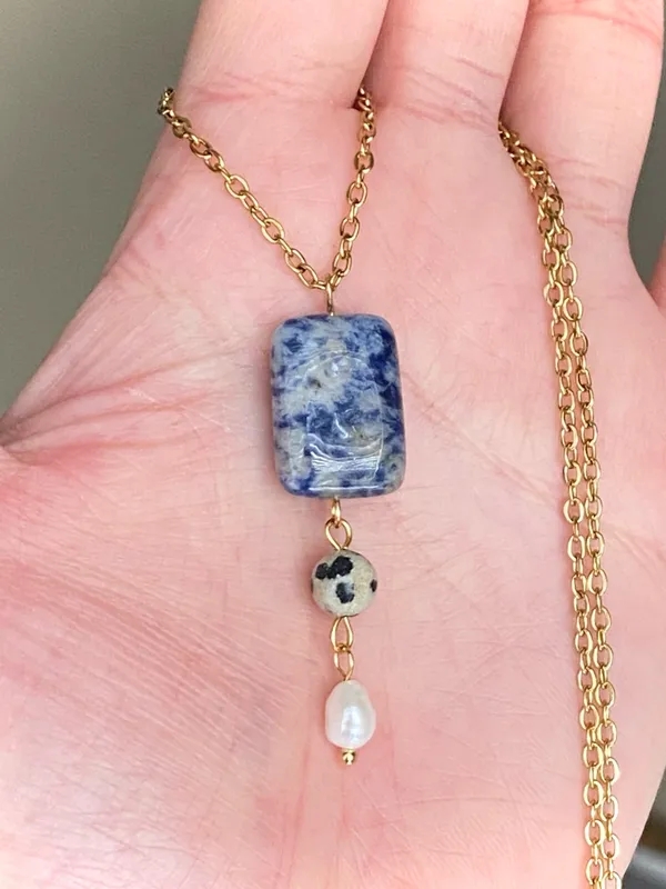 Handmade gem stones & freshwater pearl boho statement necklace🌀💙 - Image 2
