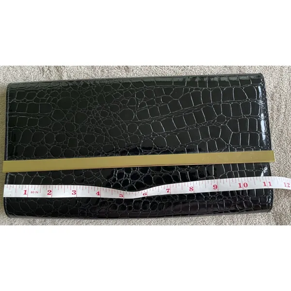 ALDO Black Faux Croc Clutch Wallet‎ Purse Envelope Gold Bar Snap Closure Large - Image 7