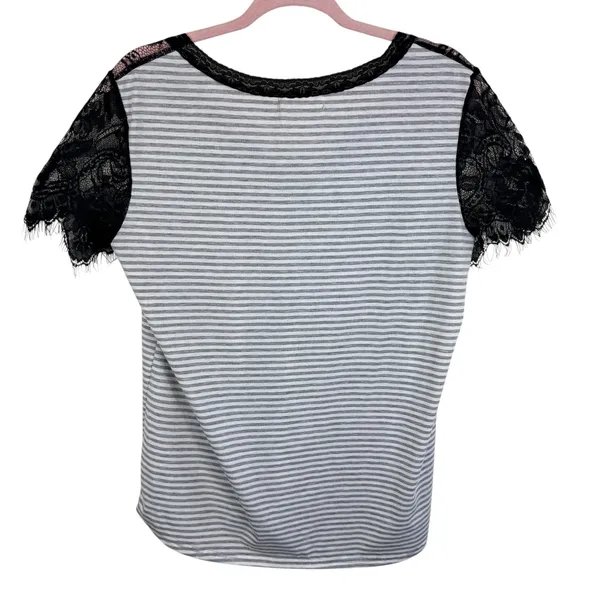 MAZIK Black Lace Trim Gray Striped‎ Lightweight V-Neck T-Shirt Size L - Image 2