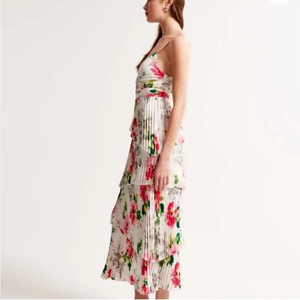 NWT Abercrombie & Fitch A&F Giselle Pleated Tiered Maxi Dress Satin White Floral - Image 3