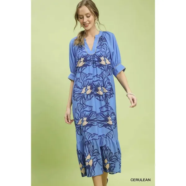 Umgee Floral Belted‎ Midi Dress - Cerulean - Small - Image 3