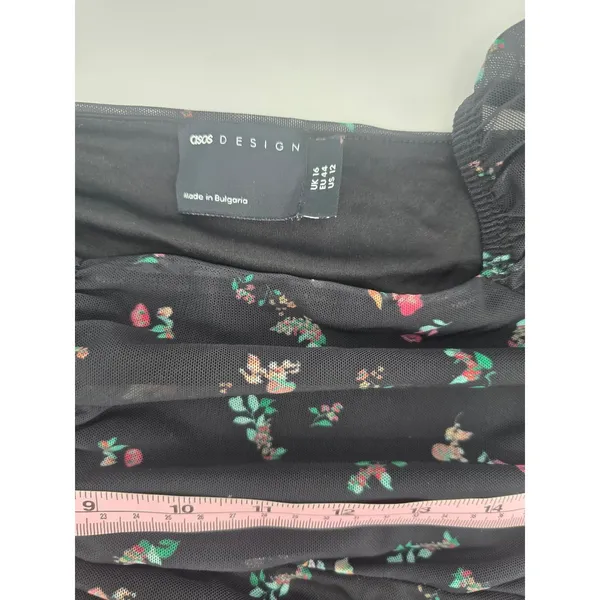 ASOS DESIGN Mini Dress Womens 12 Milkmaid‎ Mesh Sleeve Black Floral EUC - Image 4