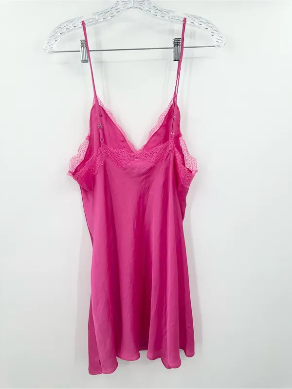 Victoria's Secret Women's Hot Pink Satin Mini Slip Dress‎ Lace Size Large - Image 2