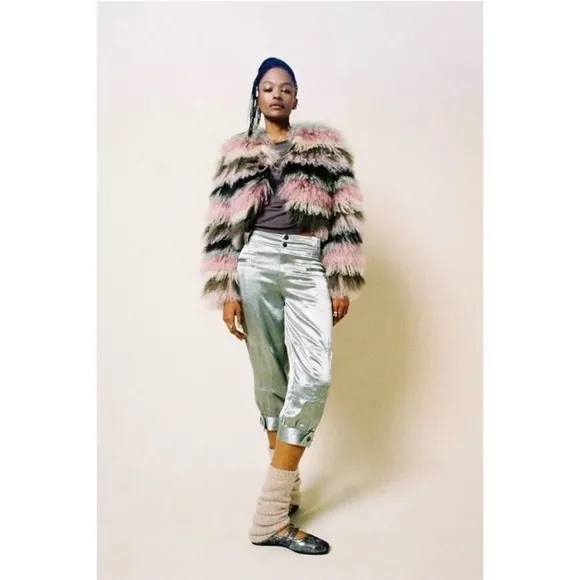 NEW Free People Ryder Pants L Metallic Silver Satin Moto Crop Vegan Shiny Green - Image 5