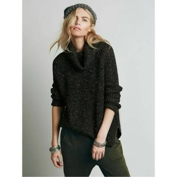 Free People Dylan Tweedy Cowl Neck‎ Wool Blend Sweater Black XS Boho Grunge - Image 2
