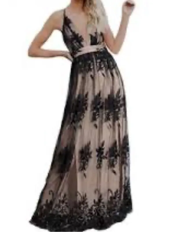 DOKOTOO Plunging V-Neck Black Floral Lace Overlay Maxi Dress in Taupe Lining - Image 3