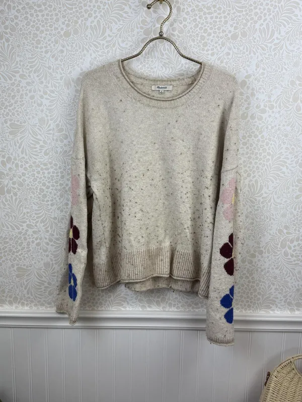 Madewell Beige Belmore Boxy Fit Floral-Sleeve Pullover Sweater - Size - Medium - Image 8