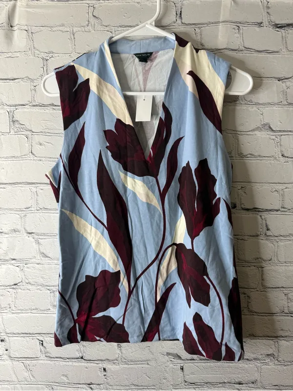 Ann Taylor Sleeveless V-Neck Floral Top - Light Blue & Burgundy medium - Image 2