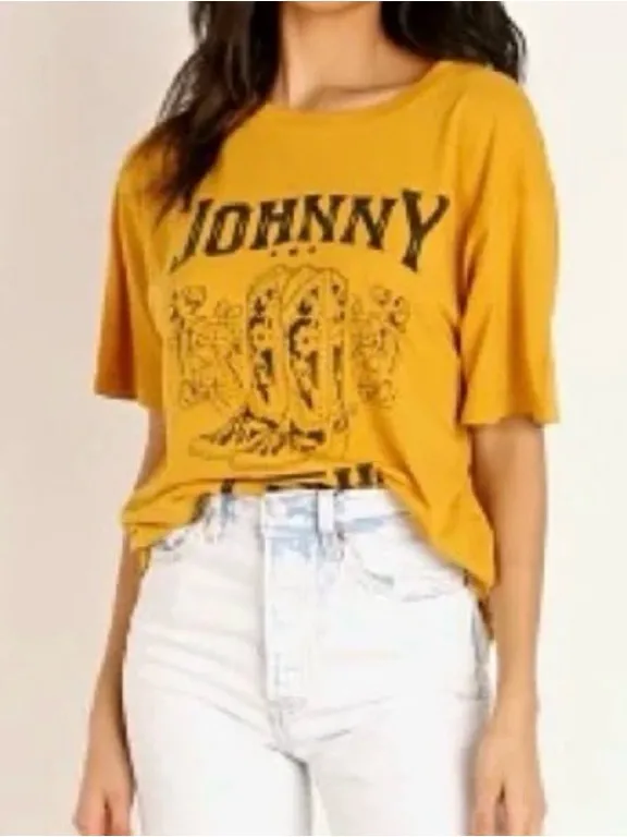 Daydreamer Mustard Johnny Cash Coastal Cowgirl Boho Preppy Slouchy Graphic Tee S - Image 2