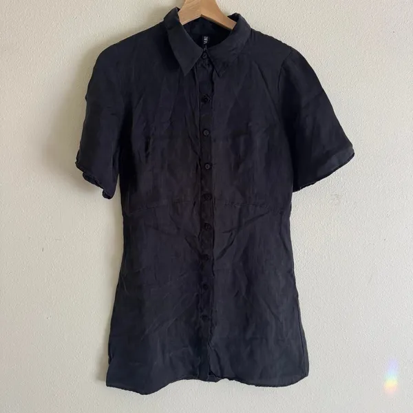 Zara Black Short Sleeve Button Down Collared Mini Shirt Dress Size Medium - Image 2