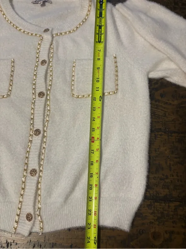 Nanette Lepore Cream Fuzzy Cardigan Sweater Gold Chain Trim‎ Tweed Vibez XL⁠ - Image 9