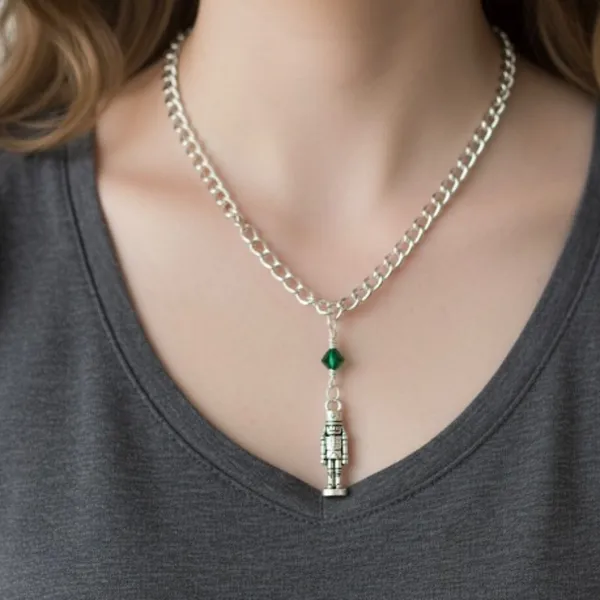 Hand Crafted Antique Silver Toy Soldier with Green Crystal Chain Necklace - Image 6