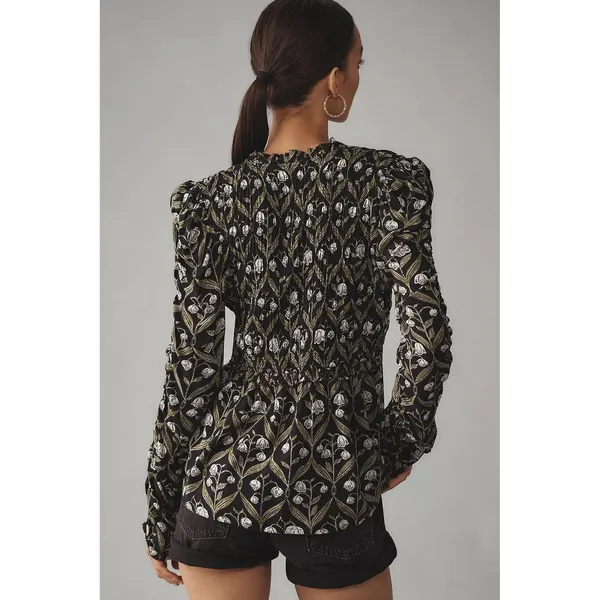 Anthropologie Ruched-Sleeve V-Neck Top S Romantic Floral Botanical‎ Cottagecore - Image 2