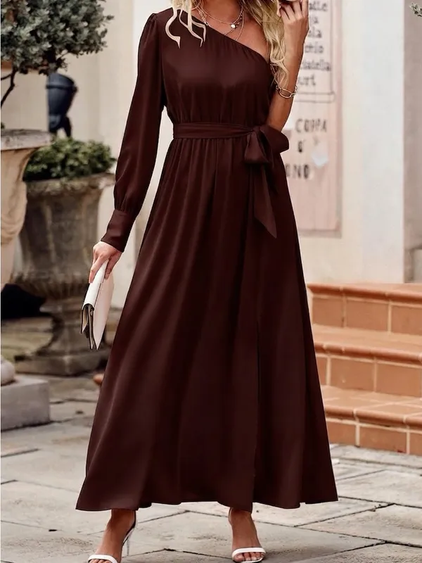 $60 NWOT KIRUNDO Women's Satin Long Sleeve One Shoulder Maxi Dress M - Image 3