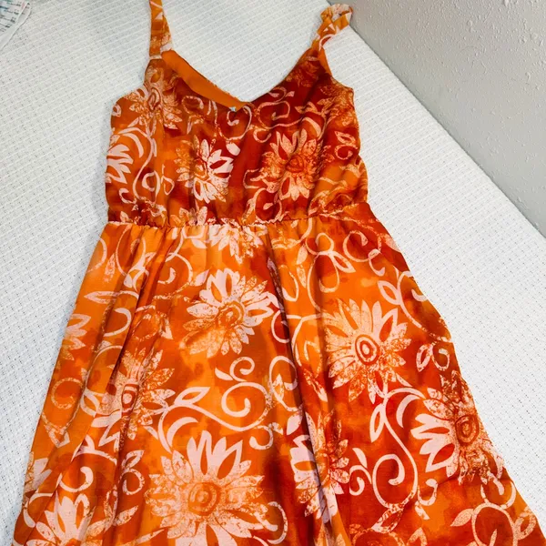 Maurice's Orange Floral Sunburst Dress V-Neck Spaghetti Strap Beach Mini Sundress- M - Image 7