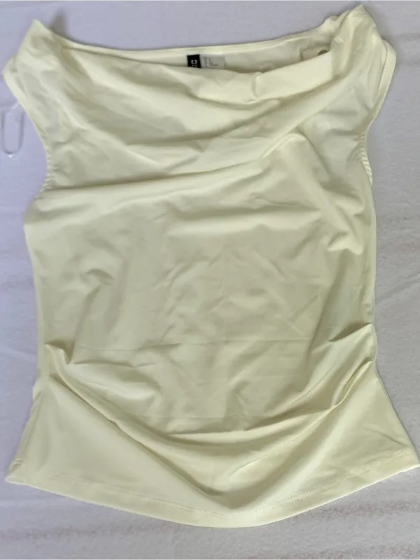 HM Divided Small White Draped Asymmetric Top Sleeveless Cowl Neck Ruched Blouse - Image 13
